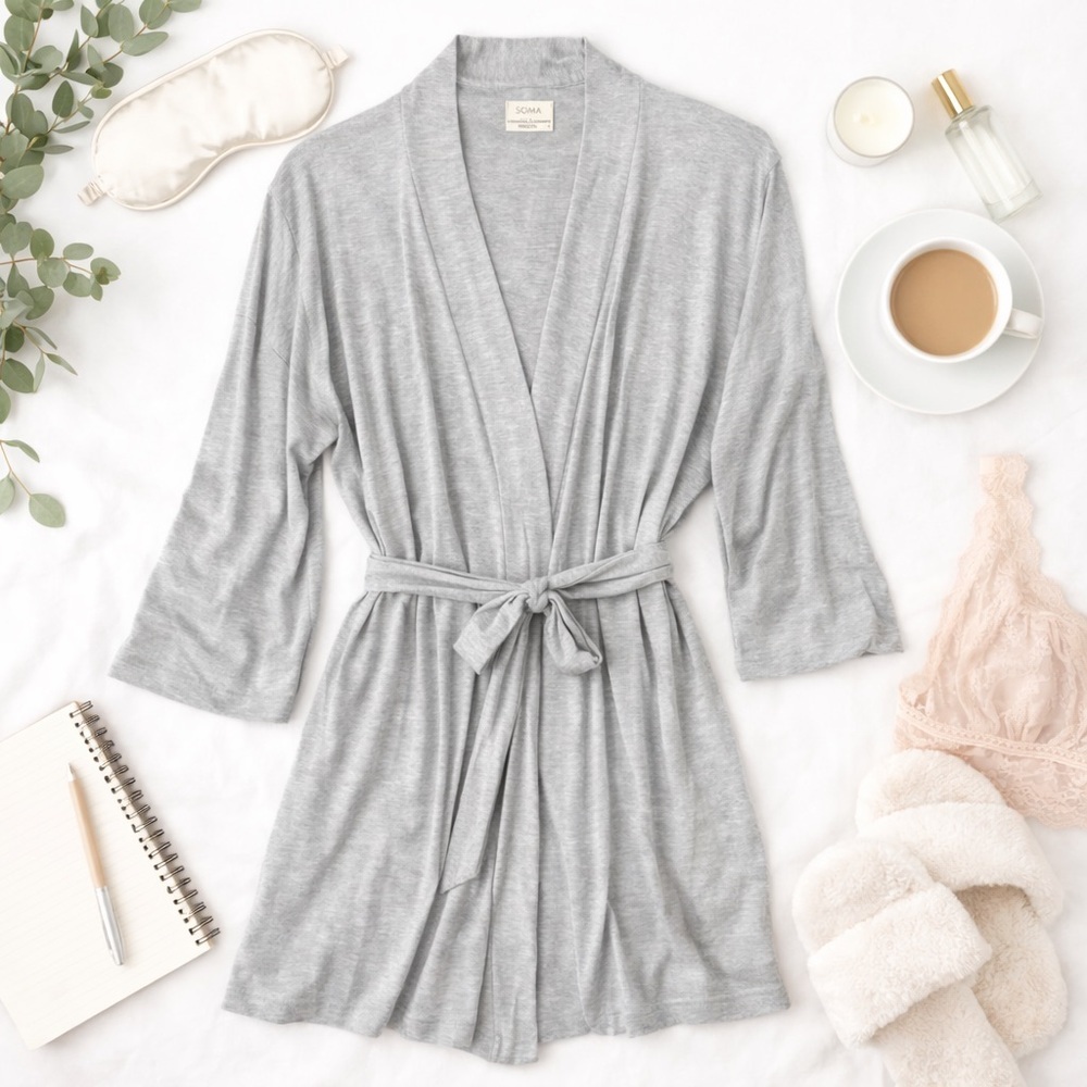 Soma | Gray Soft Knit Wrap Robe | Lightweight Lounge | L/XL - Picture 2 of 7